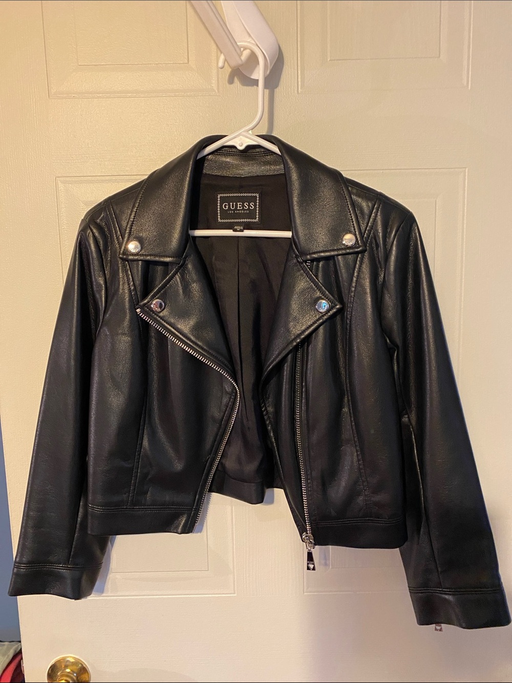 GUESS Black Faux Leather Asymmetrical Zip Moto Jacket